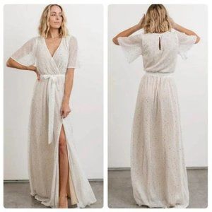 NWT Baltic Born Grace Sparkle Gown in White & Gold Faux Wrap Full Length Size XS